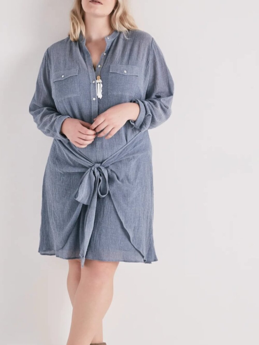 Lucky Brand Chambray Tie Shirt Dress Womens XS Blue Crinkle Stretch Casual